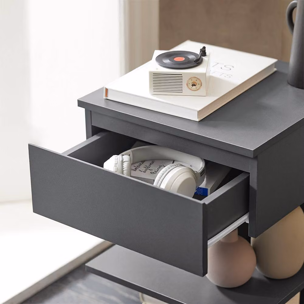 SoBuy Set of 2 Modern Nightstands with 1 Drawer and 2 Shelves, Dark Grey, H: 65 cm – 5