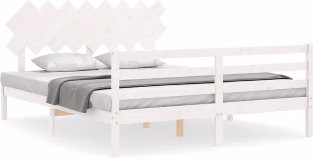 Berkfield Home Solid Wood Pine Bed Frame with Headboard in White, W/D/H: 160 x 200 cm