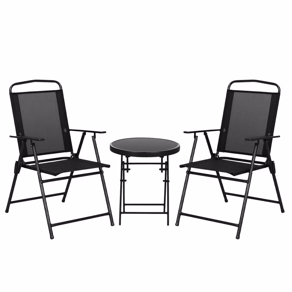 OUTSUNNY Modern Patio Bistro Set with Folding Chairs and Round Glass Coffee Table in Black – 2