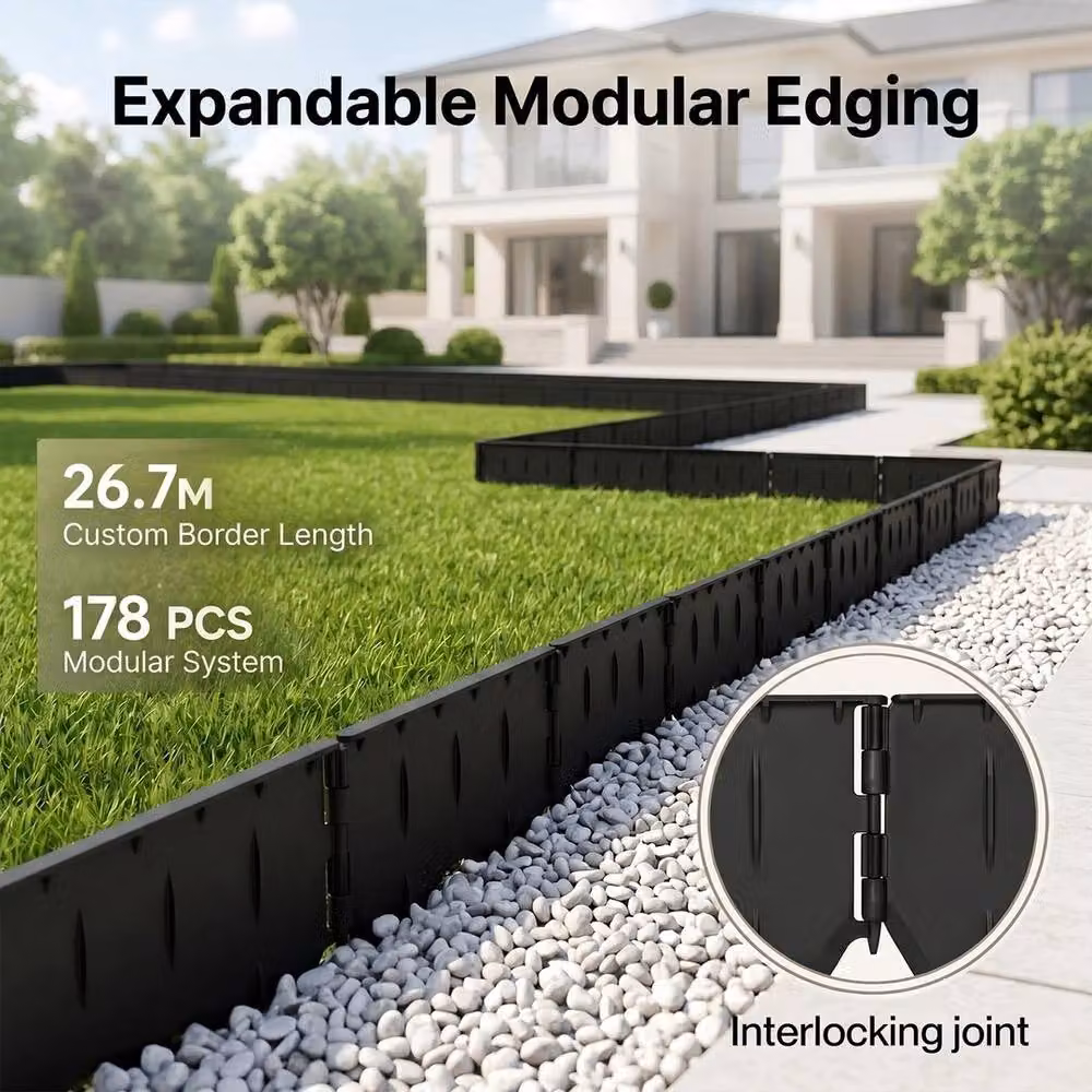 VOGREX 178-Piece Flexible Black Plastic Garden Lawn Edging – 5