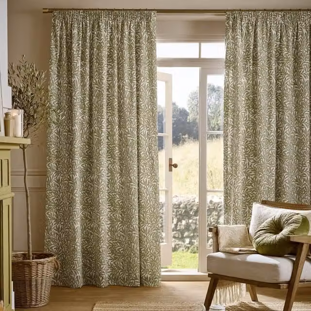 William Morris At Home Original Willow Ready Made Pencil Pleat Cotton Curtains in Green