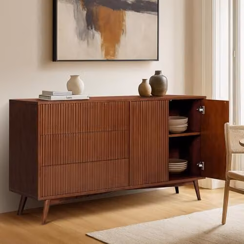 Teamson Home Tremolo Wooden Sideboard with 3 Drawers and 2 Push-Open Doors, Acacia Veneer Finish, Walnut Brown, W: 140 cm, H: 81.28 cm, D: 45.72 cm – 3