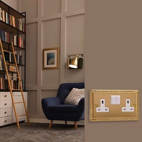 Varilight 2-Gang 13A Switched Flush Socket in Georgian Brass and White, H x W x D: 95 x 155 x 31 mm – 2