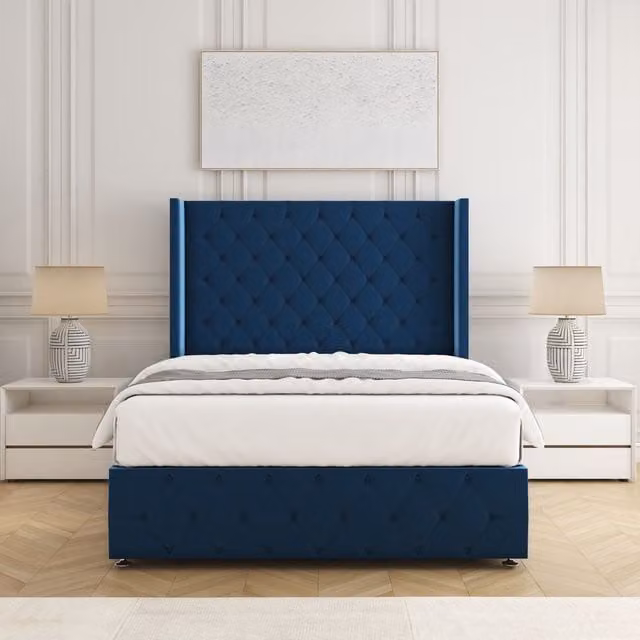 BSSPOKE Ruby Divan Bed Set with 54 inch Plush Velvet Headboard and Foam Mattress in Blue, Double Size, W/D/H: 140 x 200 cm