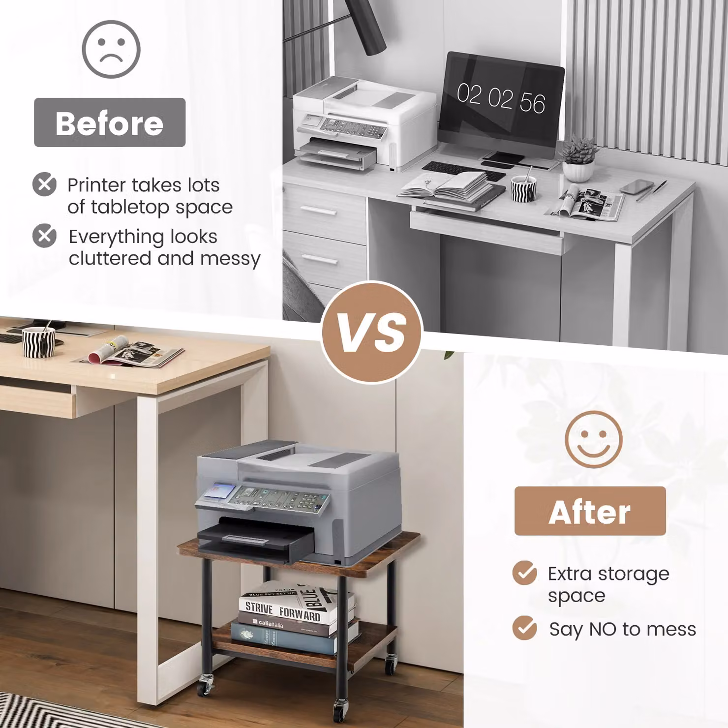 Costway Under Desk Printer Stand with 4 Wheels in Brown – 3