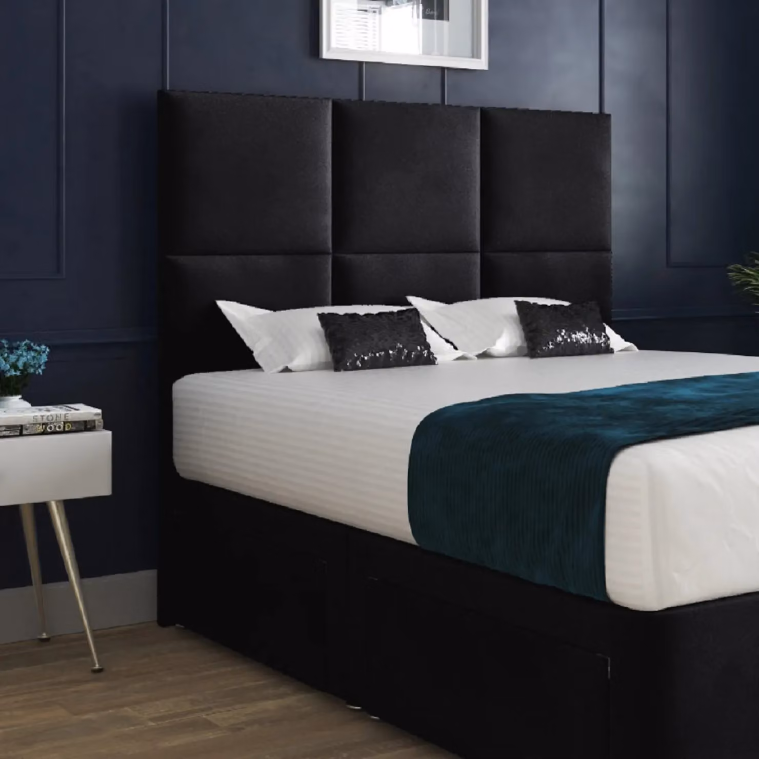 Casani Caprio Small Single Upholstered Velvet Divan Bed Frame and Floorstanding Headboard in Black – 2
