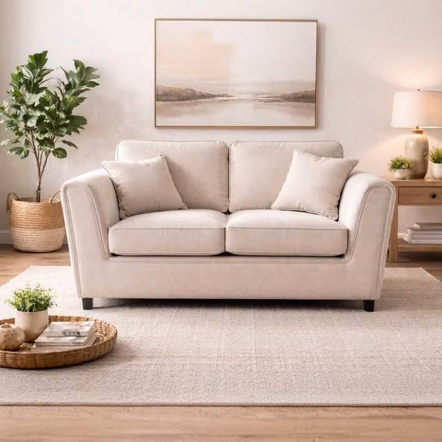 Furnishings For Less Ascot 2 Seater Sofa in Beige Chenille Fabric with Scatter Cushions
