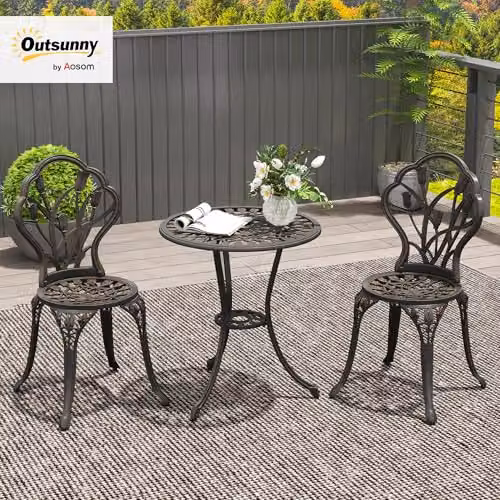 Outsunny 3 Piece Retro Metal Bistro Set in Matt Bronze for Garden, Balcony or Terrace – 2