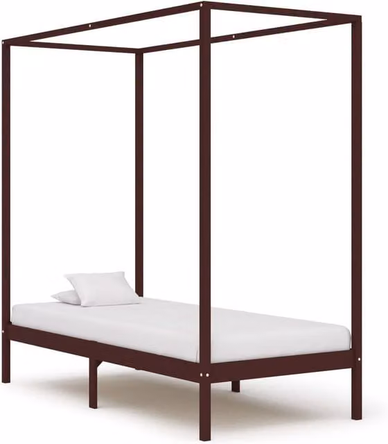 Berkfield Home Canopy Bed Frame in Dark Brown Solid Pine Wood, W: 90 cm, L: 200 cm – 1