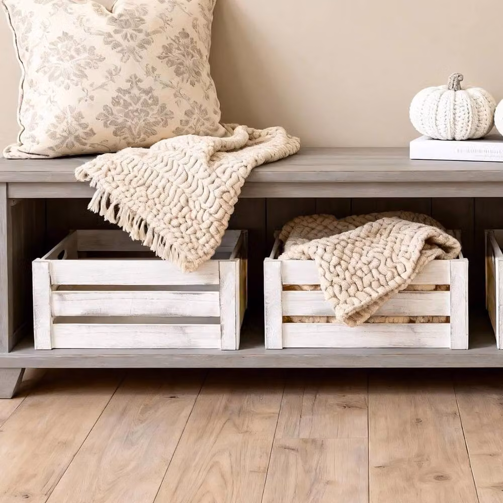 FLAVORA Set of 3 White Wash Slatted Wooden Home Storage Crates with Handles – 4
