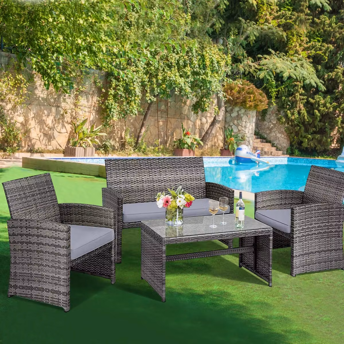 Gymax 4 Piece Grey PE Rattan Outdoor Sofa Set with Glass Coffee Table and Cushions – 3