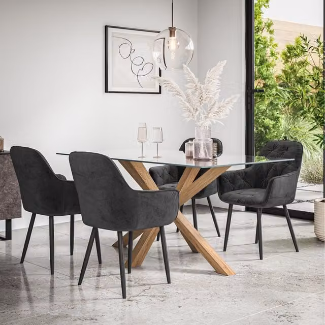 More4Homes Etta Glass Dining Table Set with Solid Oak Legs and 6 Black Anika Velvet Chairs