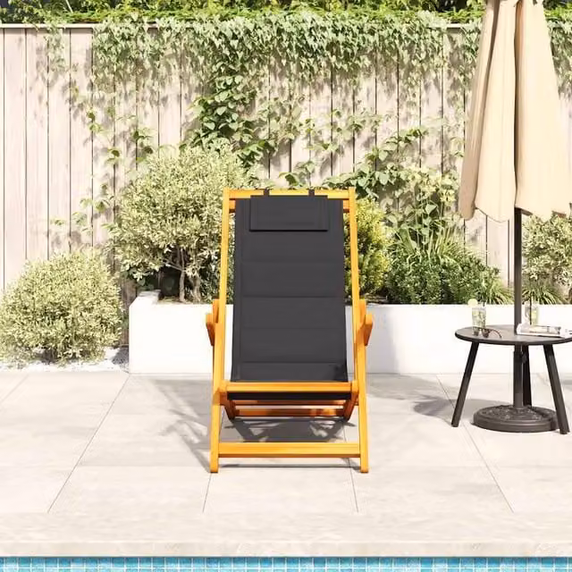 Berkfield Home Beautiful Folding Beach Chair with Armrests and Adjustable Headrest in Black Acacia Wood – 1