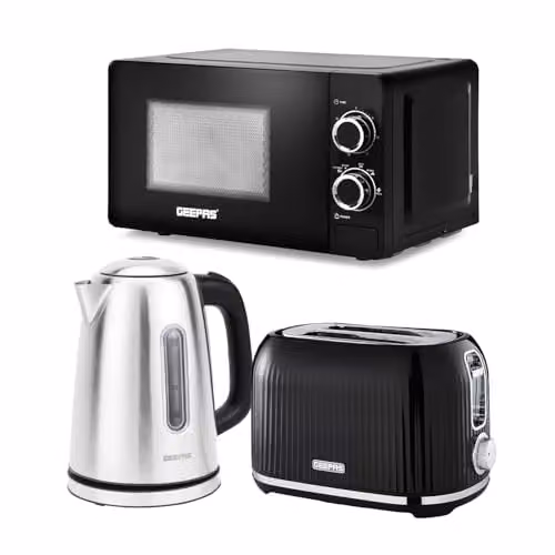 Geepas Kitchen Combo Set in Black featuring 1.7L Illuminating Electric Kettle, 2 Slice Bread Toaster and 20L Microwave – 2