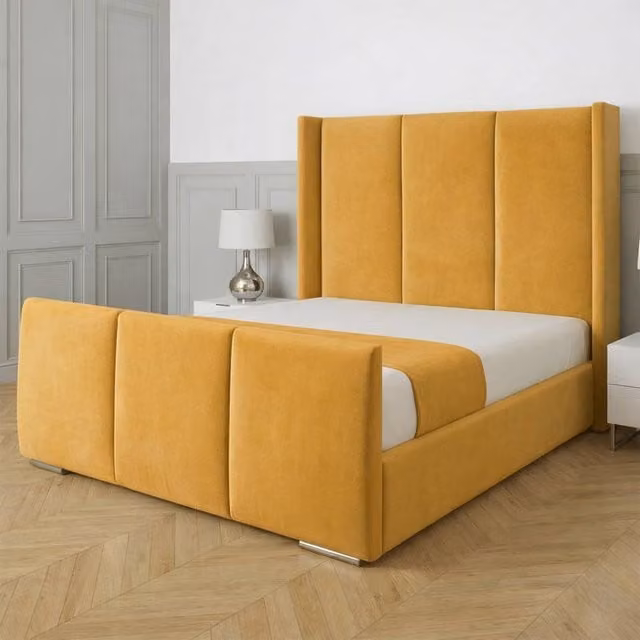 UK Bed Furniture Miami Wingback Upholstered Velvet Bed in Yellow, Super King, 200 x 200 cm