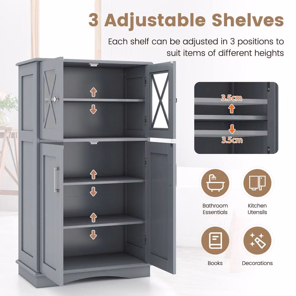 Gymax Grey Freestanding Bathroom Storage Cabinet with Glass Doors and Internal Shelves, Height: 108 cm – 4