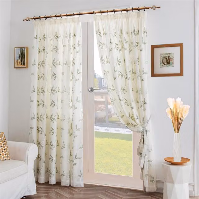 Livinluxury Leaf Embroidered Tulle Voile Pencil Pleat Curtains, Sage Green and White, H: 183 cm, W: 147 cm