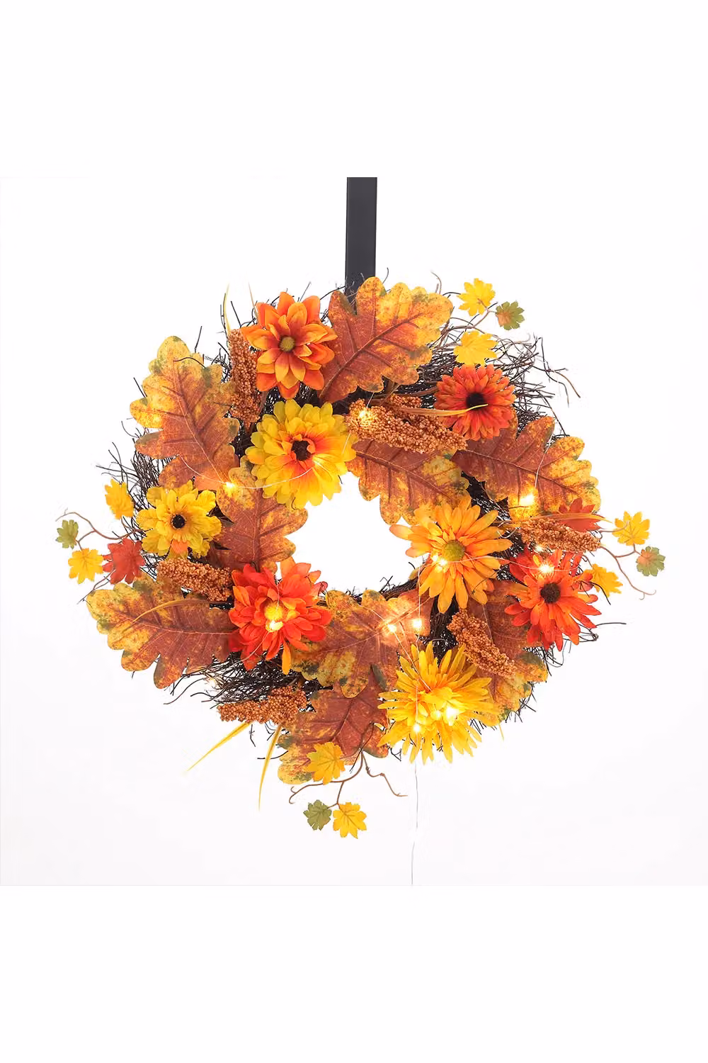 Living and Home Pre-Lit Autumn Wreath with Sunflower, Wheat and Maple Leaves in Brown, Diameter: 55 cm – 3