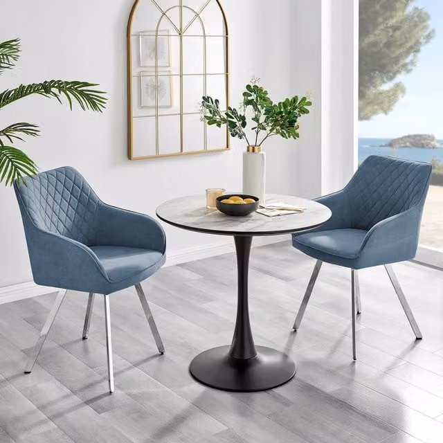 FurnitureboxUK Elina White Marble Effect Scratch Resistant Round Dining Table and 2 Falun Blue Fabric Chairs with Silver Legs – 1