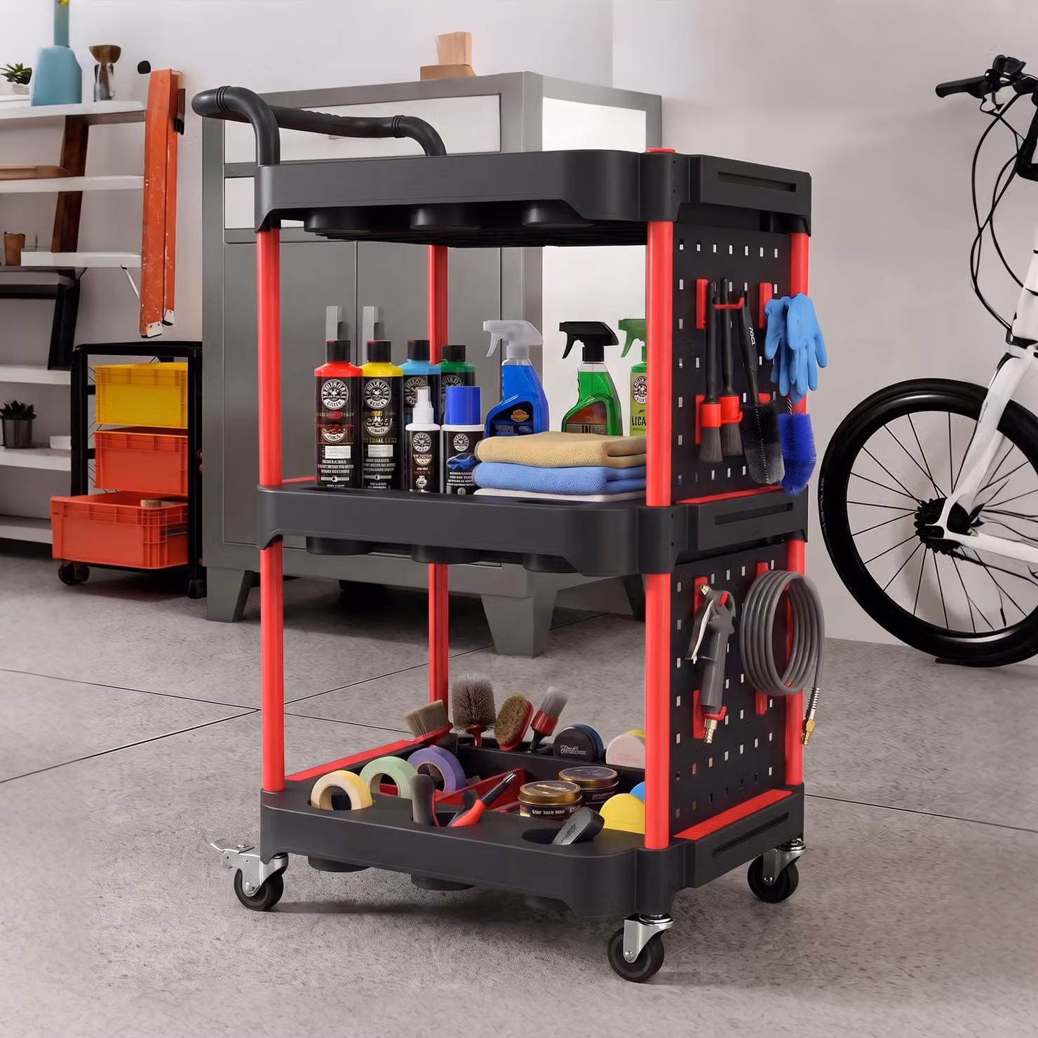 HOMCOM 3-Tier Rolling Tool Cart with Pegboard and Hooks, Black and Red Storage Trolley with Brakes – 7