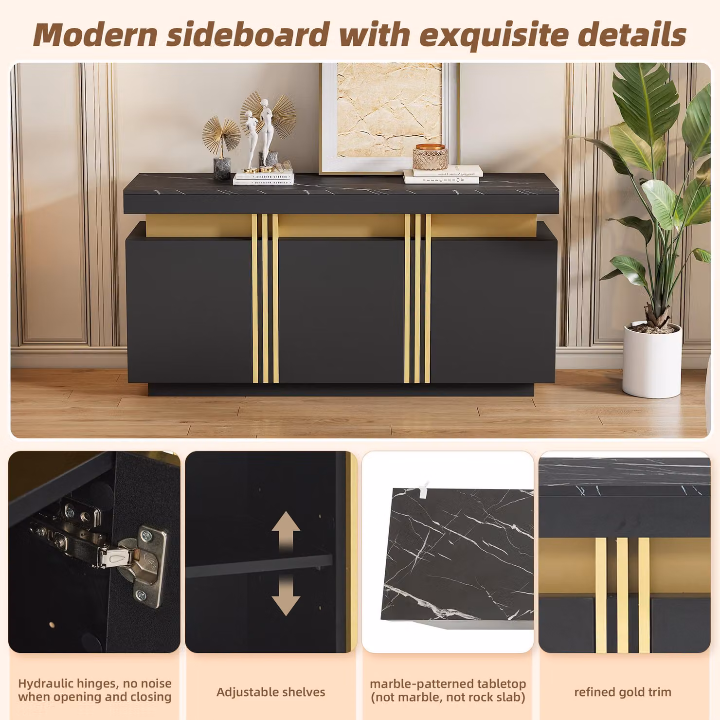 Aosom UK Modern Sideboard with Faux Marble Top and Adjustable Shelves, Black and Gold, W: 140 cm, D: 38 cm, H: 70 cm – 3