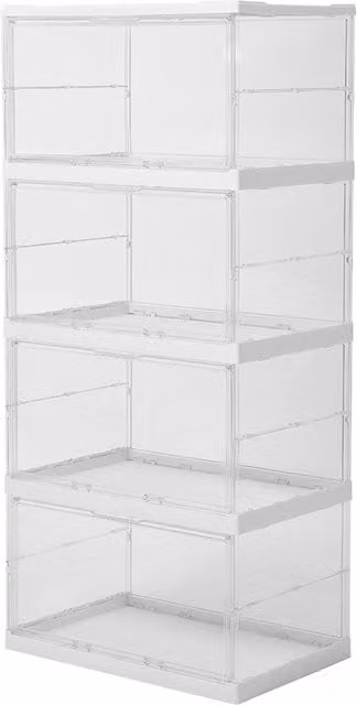 Livingandhome Multi-Tier Foldable Storage Box with Magnetic Doors, White and Transparent, W: 57 cm, H: 126 cm