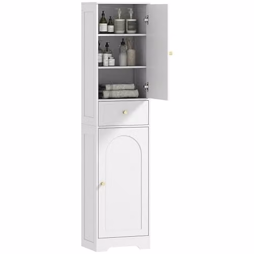 HOMCOM Tall White Bathroom Storage Cabinet with Hinged Doors, Internal Drawers and Shelves, W/D/H: 40 x 29.5 x 170 cm