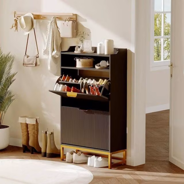 VOGREX Narrow Black Matt Shoe Cabinet with 2 Tilting Compartments and Internal Shelves – 1