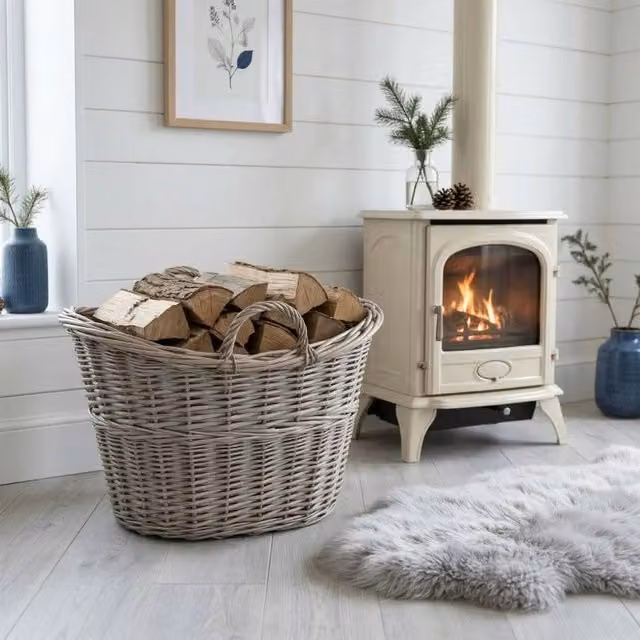VOGREX Grey Wash Oval Wicker Blanket Storage Basket with Handles