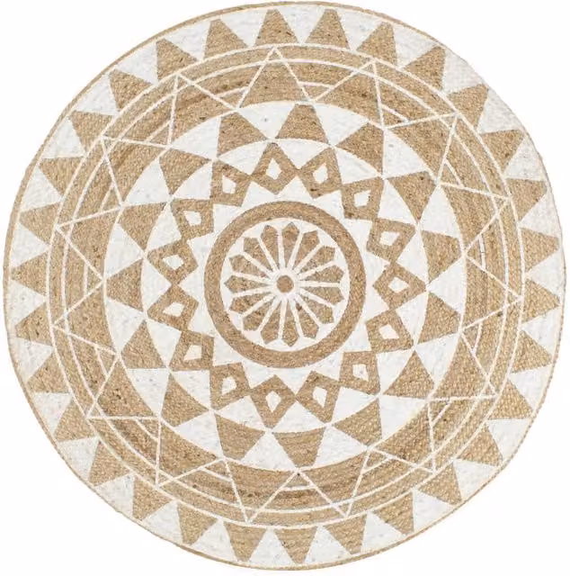 Berkfield Home Handmade Braided Jute Round Rug with White Floral Print, Beige, Diameter: 100 cm