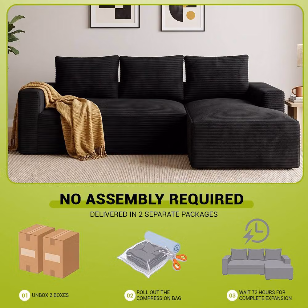Gartistgo L-Shaped Corduroy Modular Sofa with Reversible Chaise in Black – 7