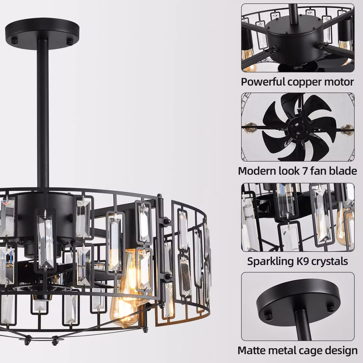 Garwarm Modern Black Ceiling Fan with Crystal Pendant Light and Remote Control, Diameter: 50 cm – 3