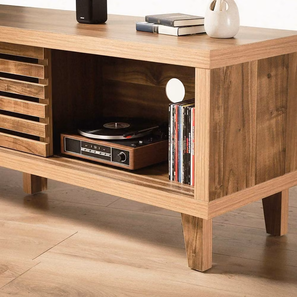 CALICOSY LIAM TV Stand with 2 Sliding Doors and Openwork Slats, Dark Brown, W: 140 cm, D: 35 cm, H: 45 cm – 6