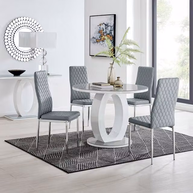 FurnitureboxUK Giovani Round Glass Dining Table and 4 Milan Chairs Set, Grey, Diameter: 120 cm