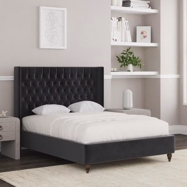 Zaye Living Manhattan King Size Upholstered Velvet Bed Frame, Grey, W: 180 cm, D: 200 cm