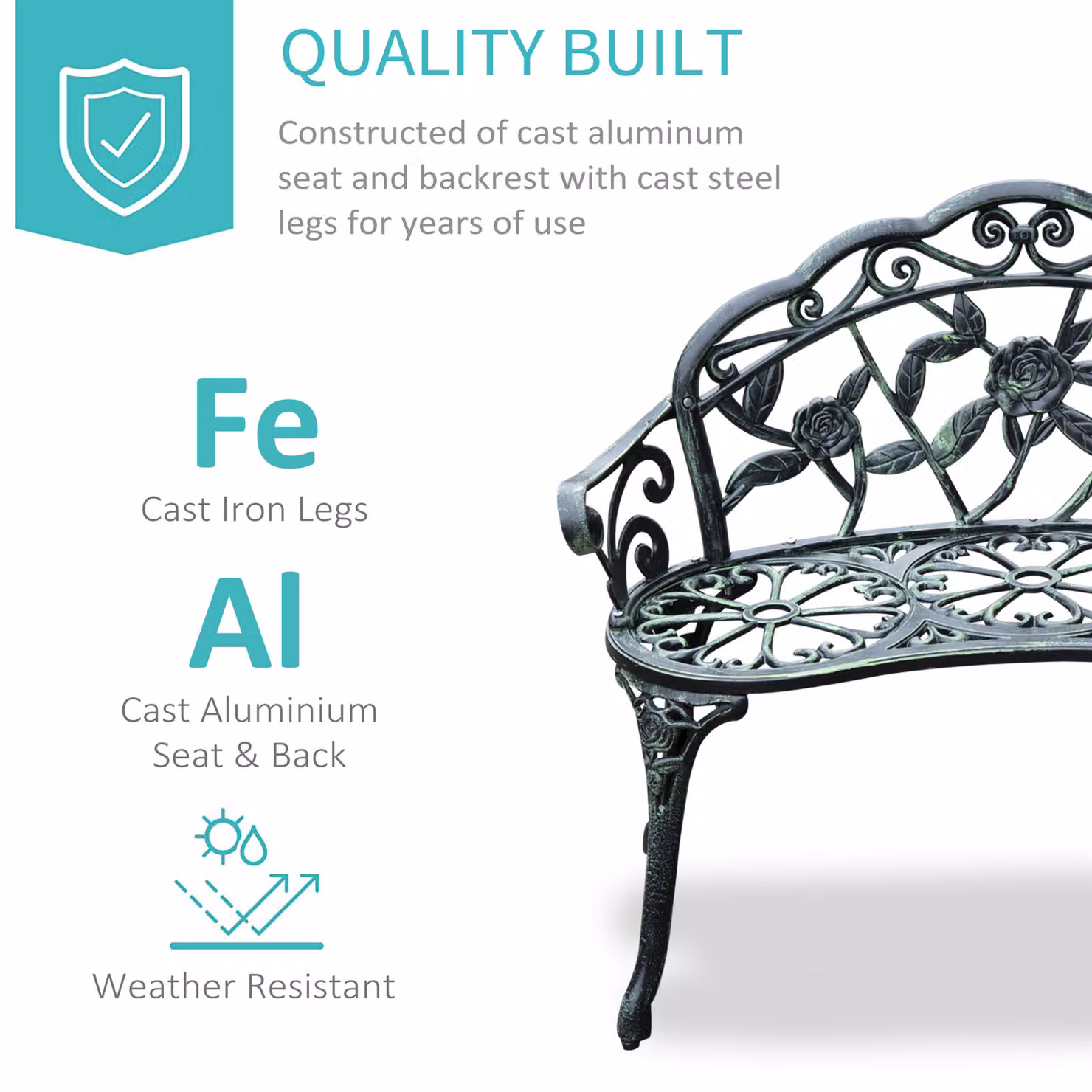 Outsunny Antique Rose Style Powder Coated Aluminium Garden Bench in Green – 3