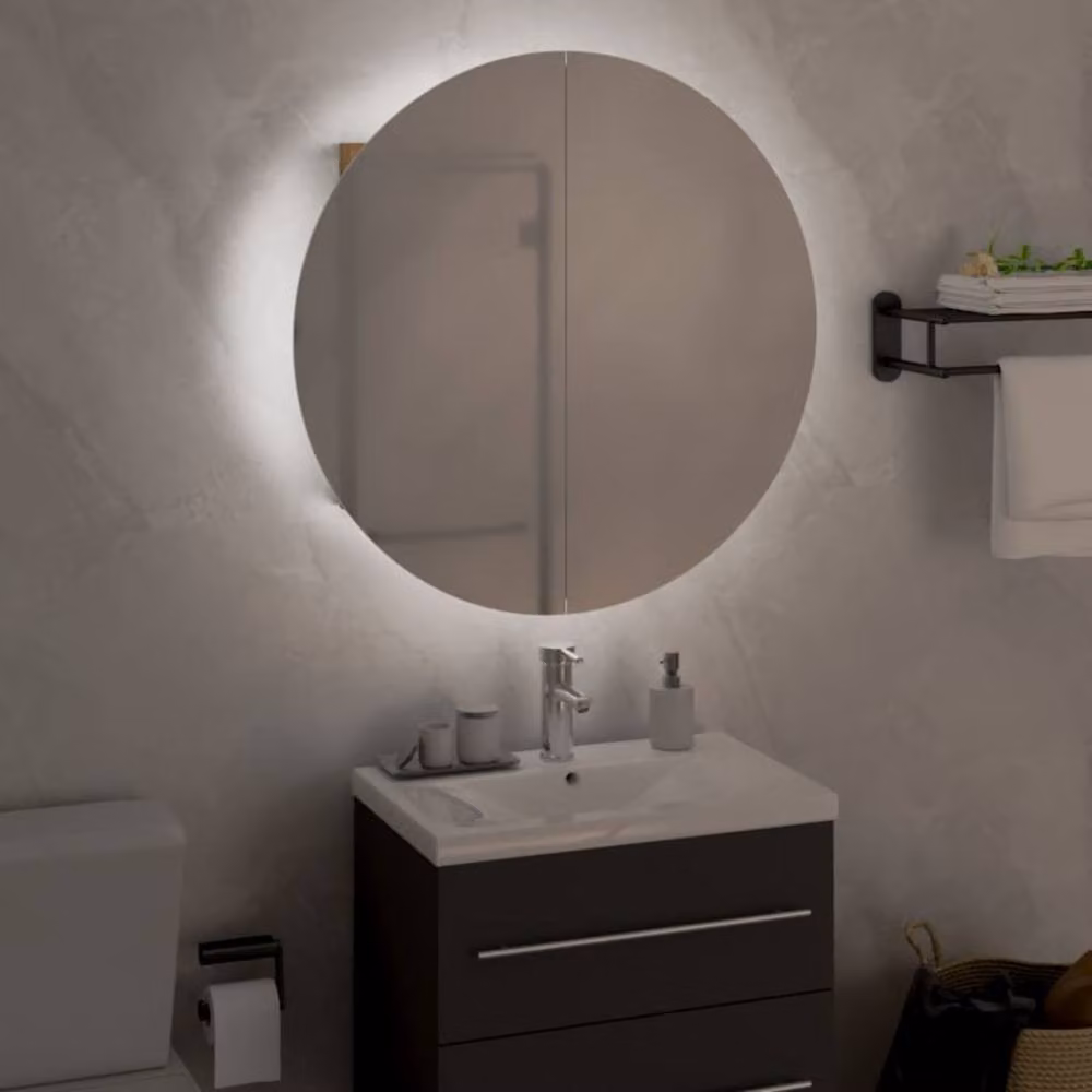 Berkfield Home Modern Wall-Mounted Bathroom Cabinet in Brown Oak with LED Round Mirror, W/D/H: 47 x 17.5 x 47 cm – 2