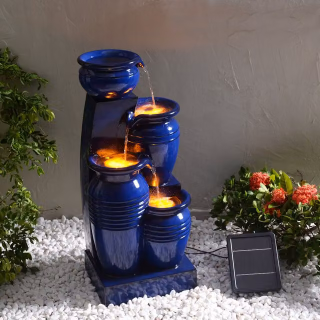 Teamson Home Solar Powered Cascading Outdoor Water Feature with LED Lights in Blue and Brown, H 73 cm