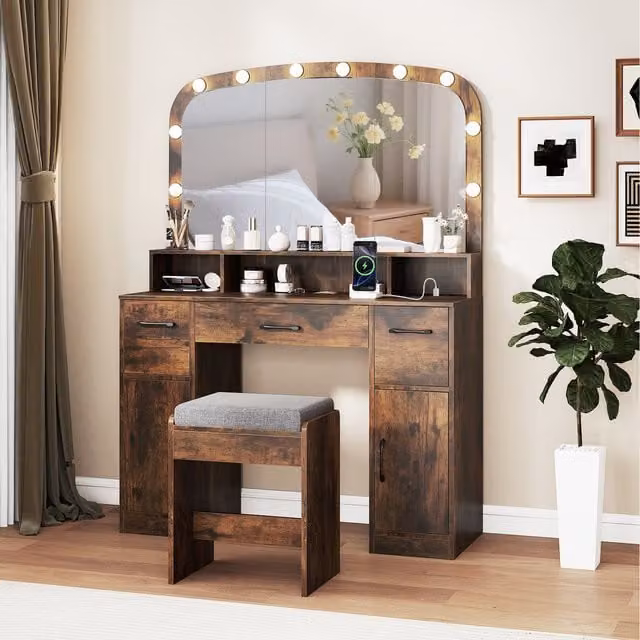 COSTWAY Hollywood LED Dressing Table with Stool in Brown