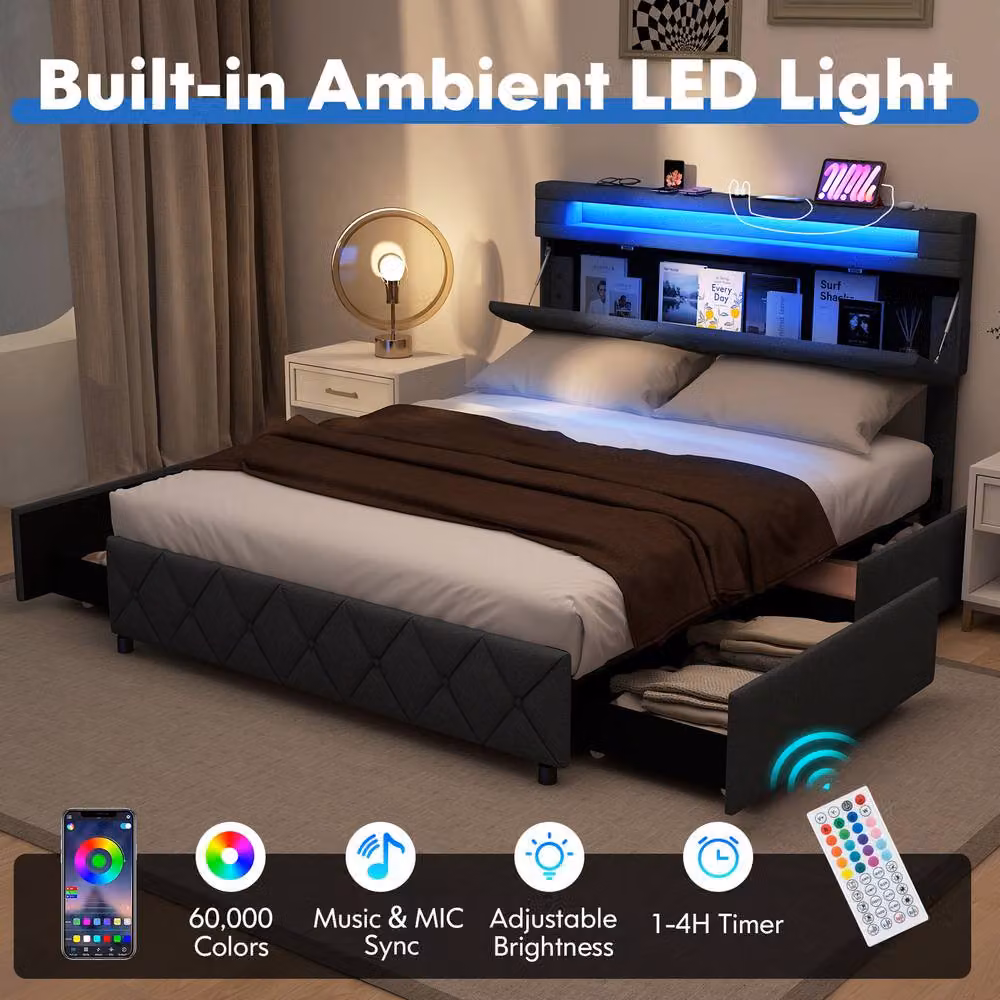 Costway Double Size Upholstered Bed Frame in Grey with LED Lights, USB Charging Port and Drawers, W/D/H: 140 x 200 cm – 2