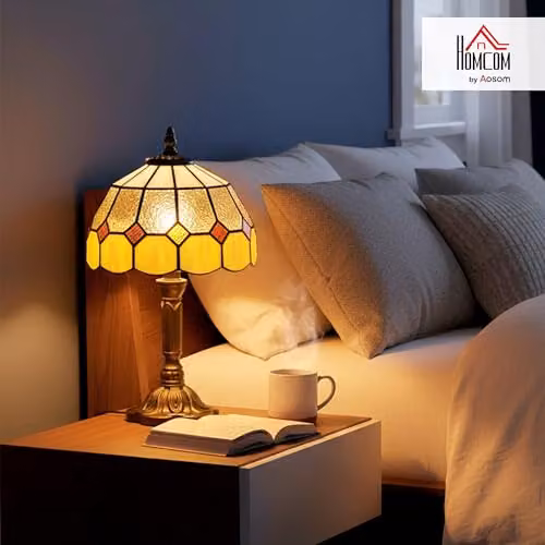 HOMCOM Art Deco Stained Glass Table Lamp in Multicolour and Bronze, H 48 x W 30 x D 30 cm – 2
