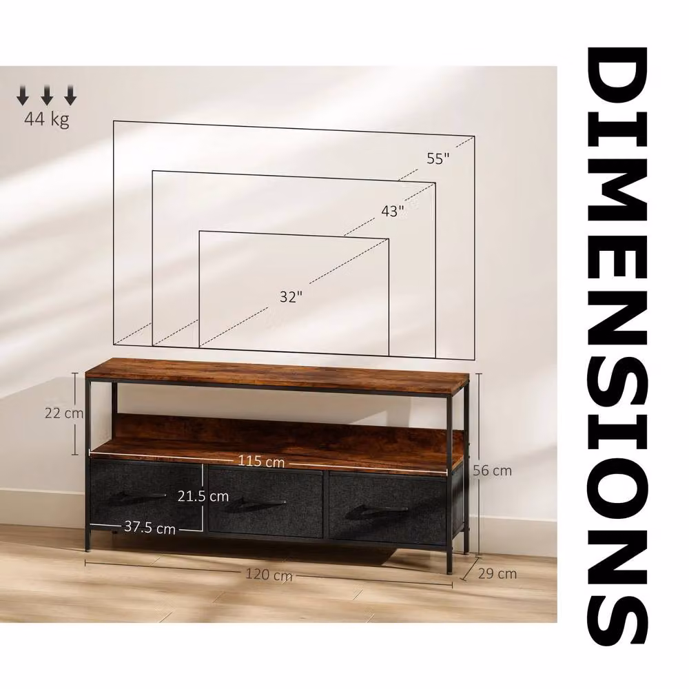 FURNOS Industrial TV Stand Unit with 3 Storage Drawers in Brown, W: 120 cm, H: 56 cm, D: 29 cm – 8