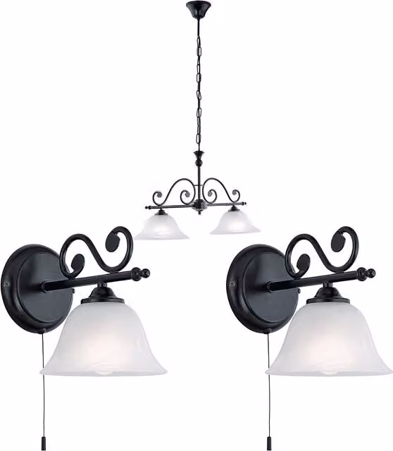 Loops Twin Ceiling Pendant Light and 2x Matching Wall Lights in Black and White Glass