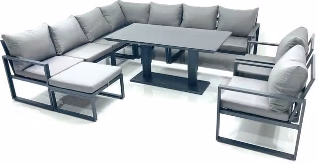 Fimous 10 Seater Outdoor Aluminium Garden Furniture Set in Dark Grey with Corner Sofa, Big Footstool, 2 Chairs and Height Adjustable Dining Table – 1