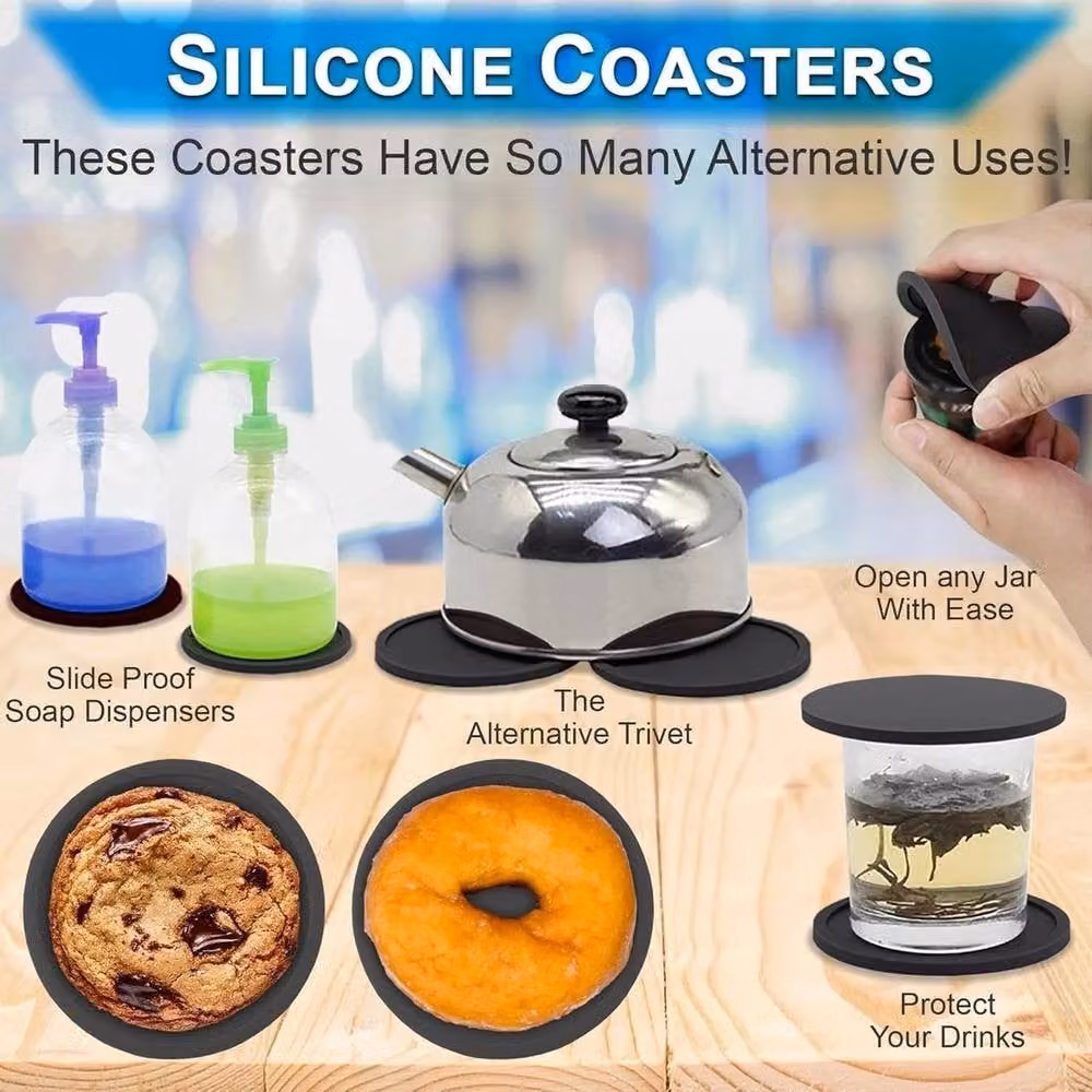 PAWNORA Set of 8 Non-Slip Round Silicone Coasters in Grey – 3