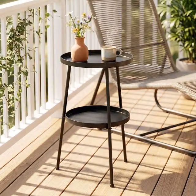 Outsunny 2-Tier Round Metal Patio Side Table in Matt Black