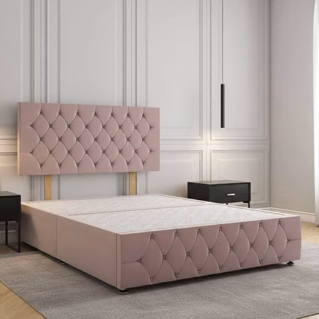 REGIONAL FURNISHINGS Single Divan Bed with 24 inch Plush Velvet Headboard and Footboard in Dusty Pink, W/D/H: 90 x 190 cm