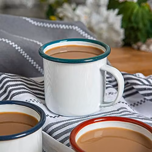 Argon Tableware Green and White Enamel Mugs, 375ml, Set of 12