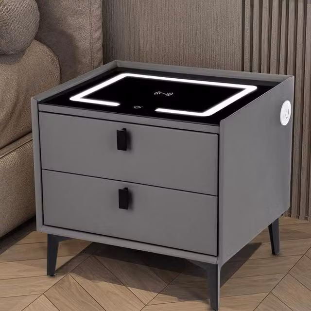 FLAVORA Modern Grey LED Bedside Nightstand with 2 Drawers and Wireless Charging, W: 100 cm x D: 100 cm