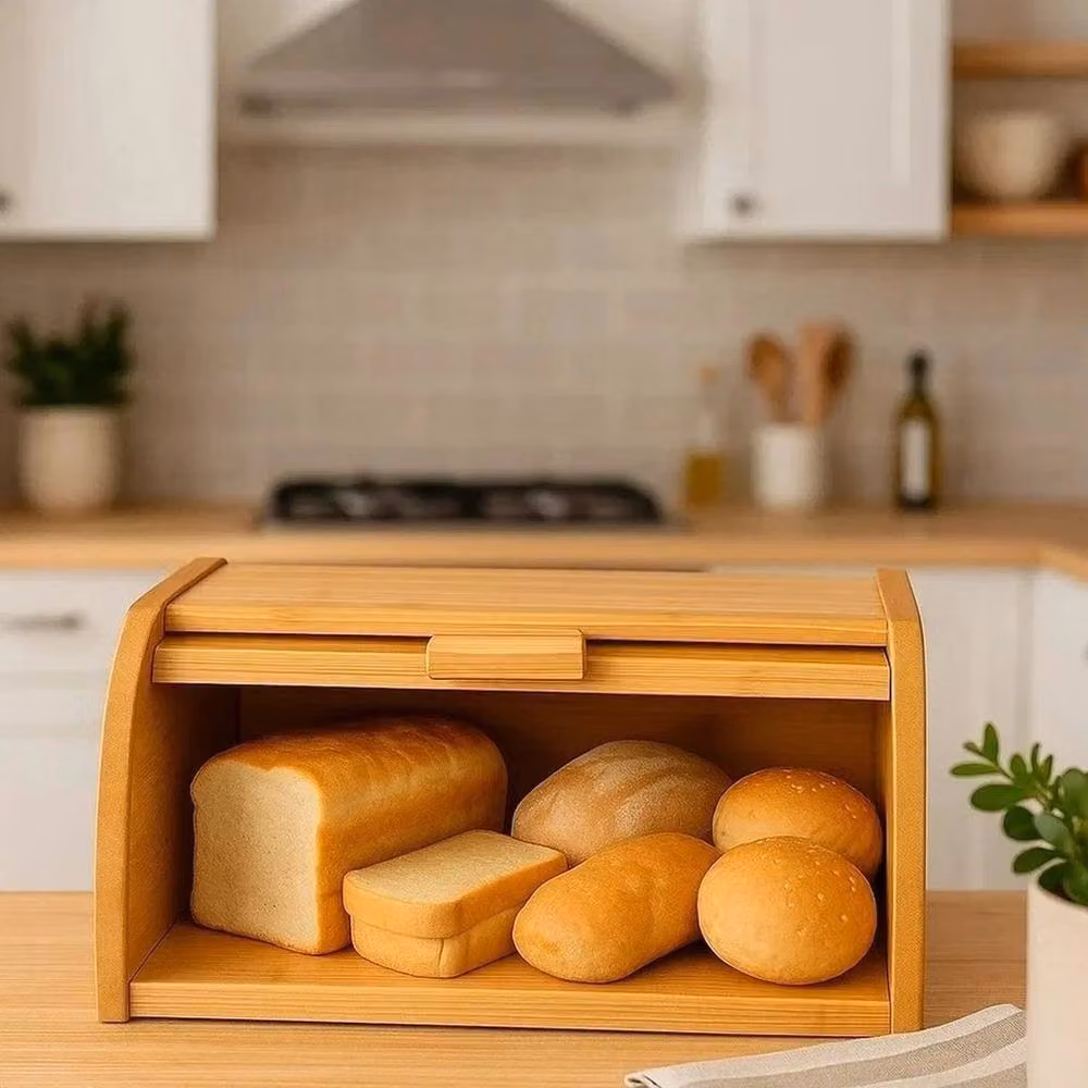 EONLION Brown Bamboo Roll Top Bread Bin with Ventilated Loaf Storage – 4
